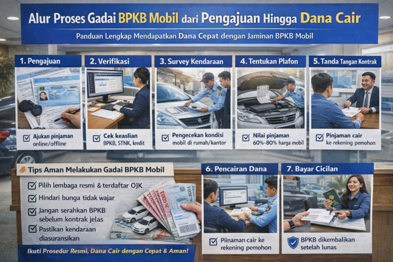 Alur proses gadai BPKB mobil dari pengajuan, verifikasi dokumen, survey kendaraan, hingga pencairan dana ke rekening pemohon