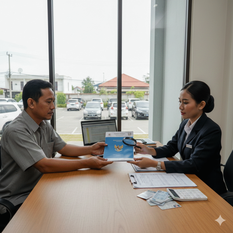 Ilustrasi realistis proses gadai BPKB mobil, nasabah menyerahkan dokumen kepada petugas pembiayaan