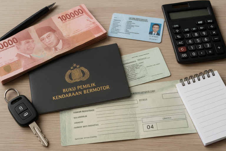 Dokumen syarat gadai BPKB mobil termasuk BPKB, STNK, KTP, uang tunai, kunci mobil, dan alat hitung sebagai ilustrasi proses pengajuan pinjaman 2025.