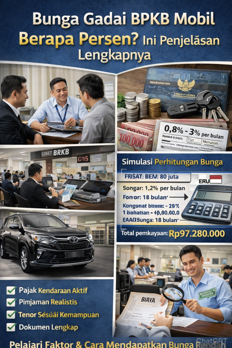 Ilustrasi bunga gadai BPKB mobil berapa persen, menampilkan simulasi perhitungan bunga 0,8%–3% per bulan, konsultasi pembiayaan, mobil sebagai jaminan, dan perhitungan cicilan pinjaman.