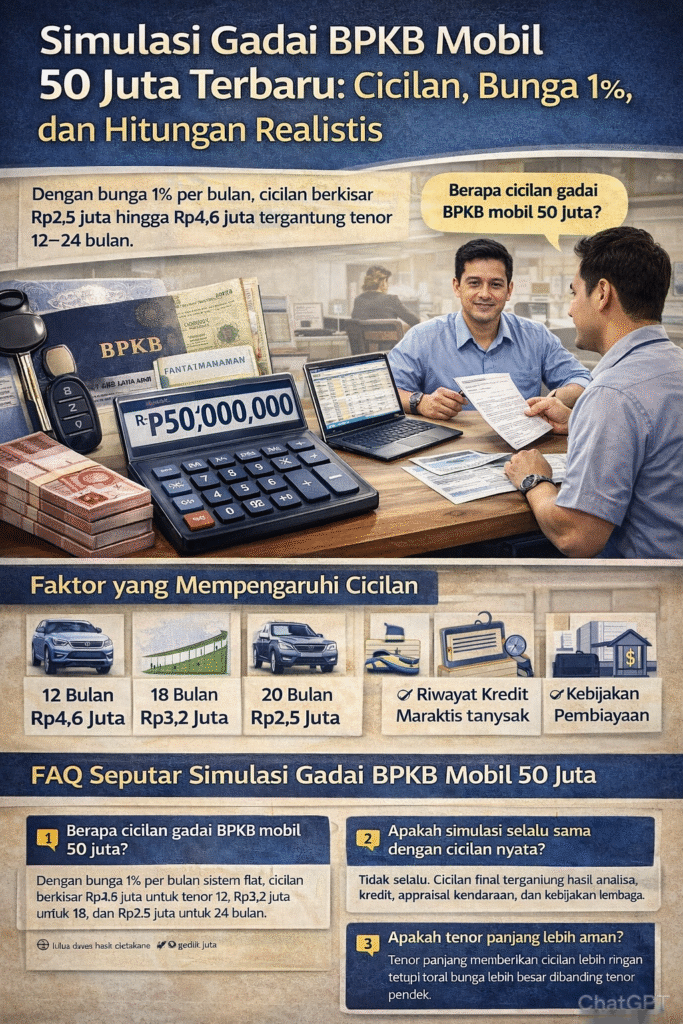 Infografis simulasi gadai BPKB mobil 50 juta dengan bunga 1 persen per bulan menampilkan perhitungan cicilan 12, 18, dan 24 bulan lengkap dengan estimasi total pembayaran dan faktor yang memengaruhi angsuran.