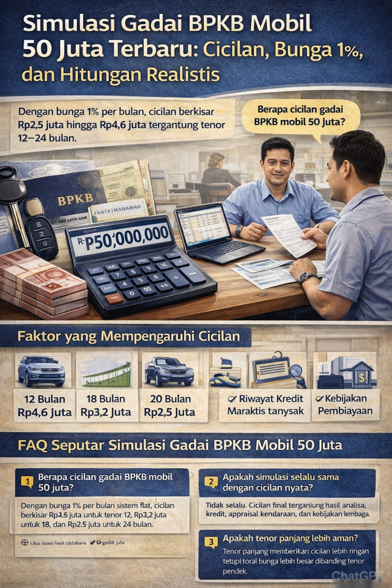 Infografis simulasi gadai BPKB mobil 50 juta dengan bunga 1 persen per bulan menampilkan perhitungan cicilan 12, 18, dan 24 bulan lengkap dengan estimasi total pembayaran dan faktor yang memengaruhi angsuran.