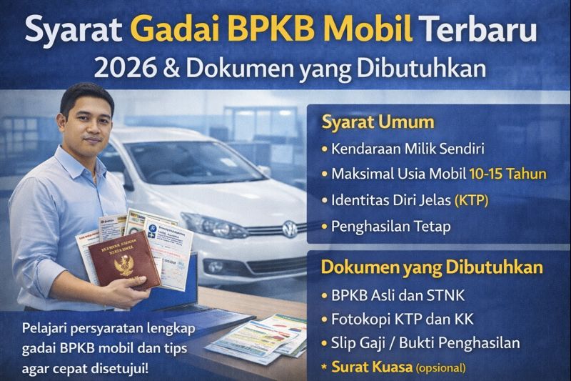 Infografis syarat gadai BPKB mobil terbaru 2026 menampilkan mobil pribadi dan dokumen BPKB, STNK, KTP, dan KK sebagai persyaratan utama pengajuan pinjaman jaminan BPKB mobil.