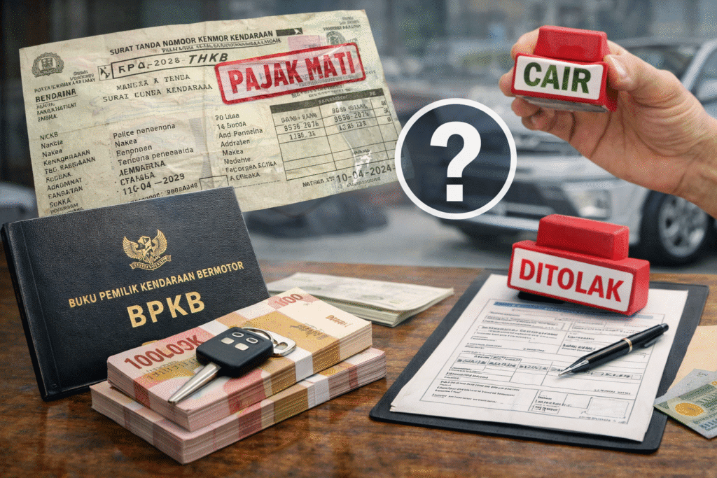 Seorang petugas sedang mengecek STNK dan BPKB nasabah untuk menjelaskan apakah gadai bpkb mobil pajak mati bisa cair atau tidak di kantor pembiayaan resmi