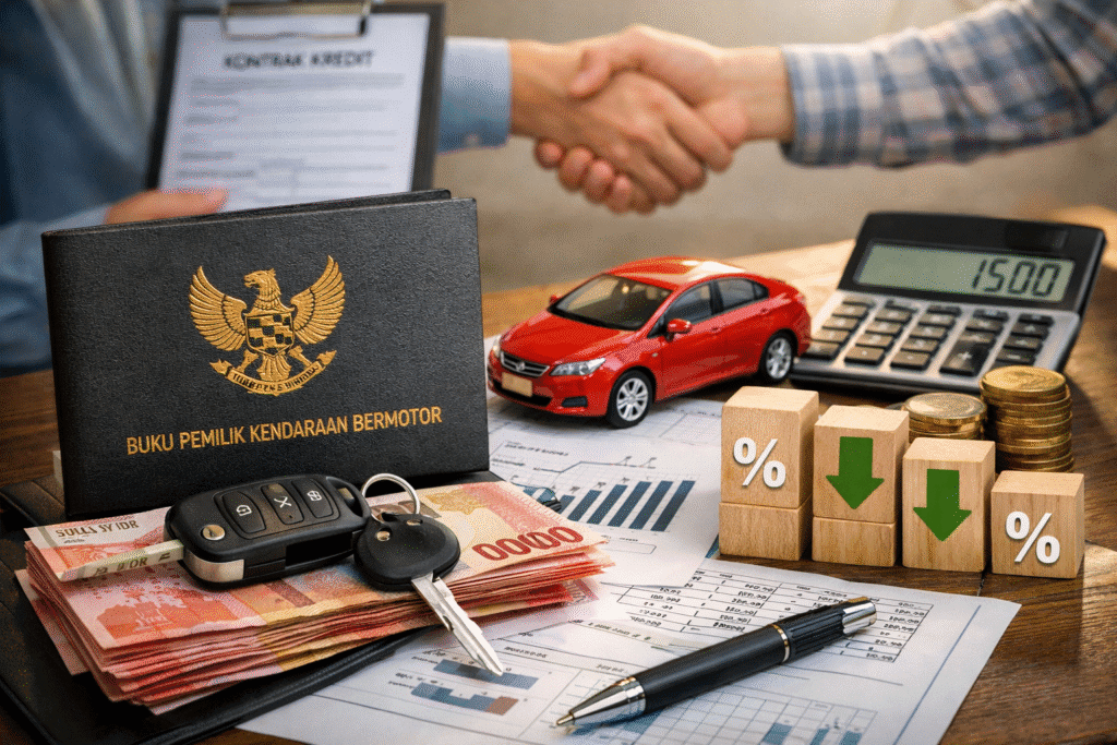 Infografis simulasi angsuran gadai BPKB mobil bunga rendah.