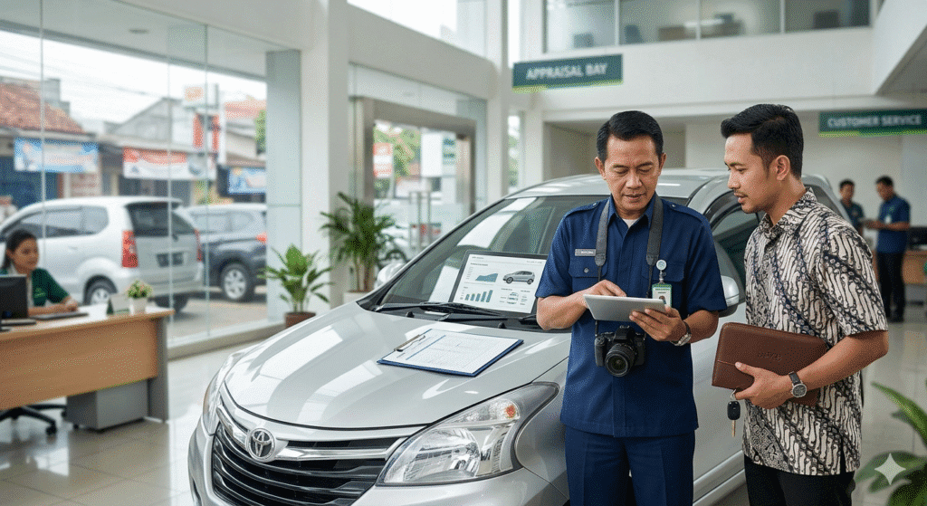 Petugas appraisal sedang menghitung besaran pinjaman gadai BPKB mobil berdasarkan nilai pasar kendaraan