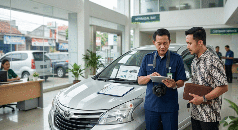 Petugas appraisal sedang menghitung besaran pinjaman gadai BPKB mobil berdasarkan nilai pasar kendaraan