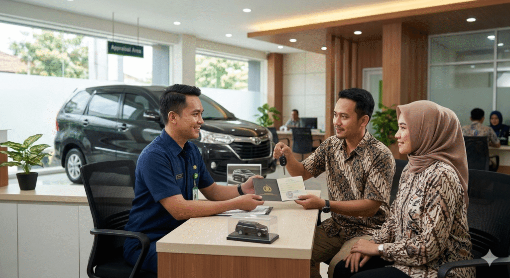 Seorang petugas Pegadaian pria berseragam biru sedang duduk melayani pasangan suami istri di meja layanan. Sang suami yang mengenakan kemeja batik menyerahkan BPKB mobil dan kunci kepada petugas, sementara sang istri yang berhijab duduk di sampingnya. Di latar belakang, terlihat sebuah mobil hitam terparkir di area layanan.