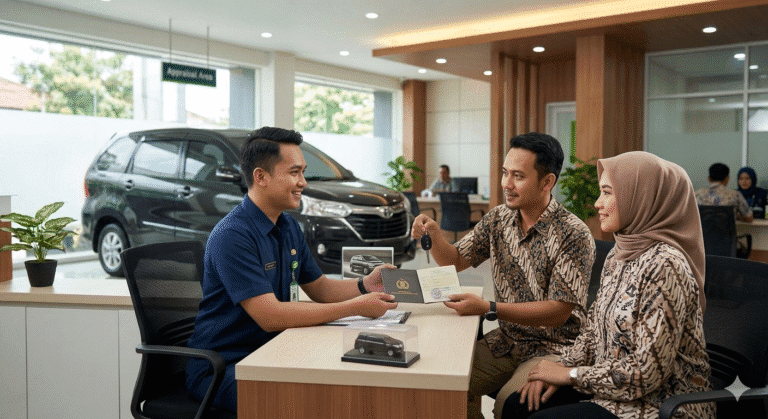 Seorang petugas Pegadaian pria berseragam biru sedang duduk melayani pasangan suami istri di meja layanan. Sang suami yang mengenakan kemeja batik menyerahkan BPKB mobil dan kunci kepada petugas, sementara sang istri yang berhijab duduk di sampingnya. Di latar belakang, terlihat sebuah mobil hitam terparkir di area layanan.